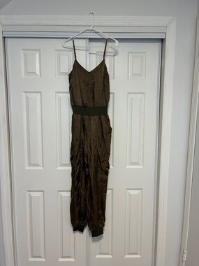 Cinq a Sept Olive Green Satin Jumpsuit
